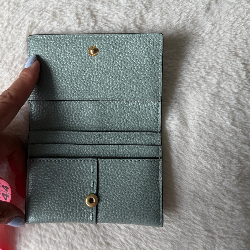 Tory Burch McGraw Leather Flap Card Case In Blue Celadon Small Leather Wallet - Picture 6 of 10
